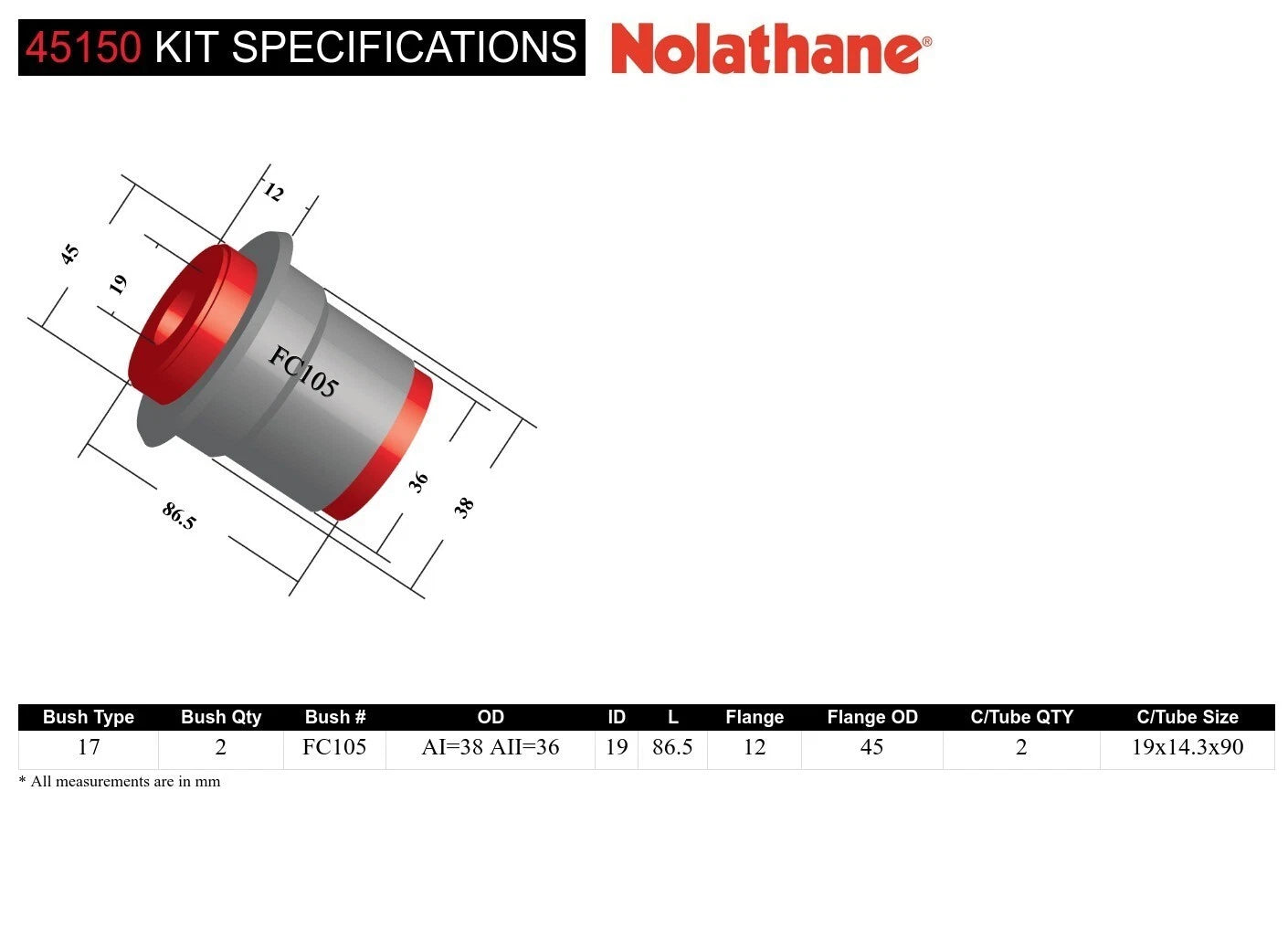 Nolathane 45150 Front Axle Control Arm Lower - Inner Bushing Kit FORD CORTINA 1977-1982 - CORTINA TE, TF