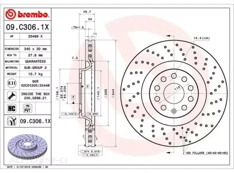 Brembo Front brake KIT ( Brembo XTRA ROTOR + Pads) FITS VW Golf R MK7 and Audi S3 8V
