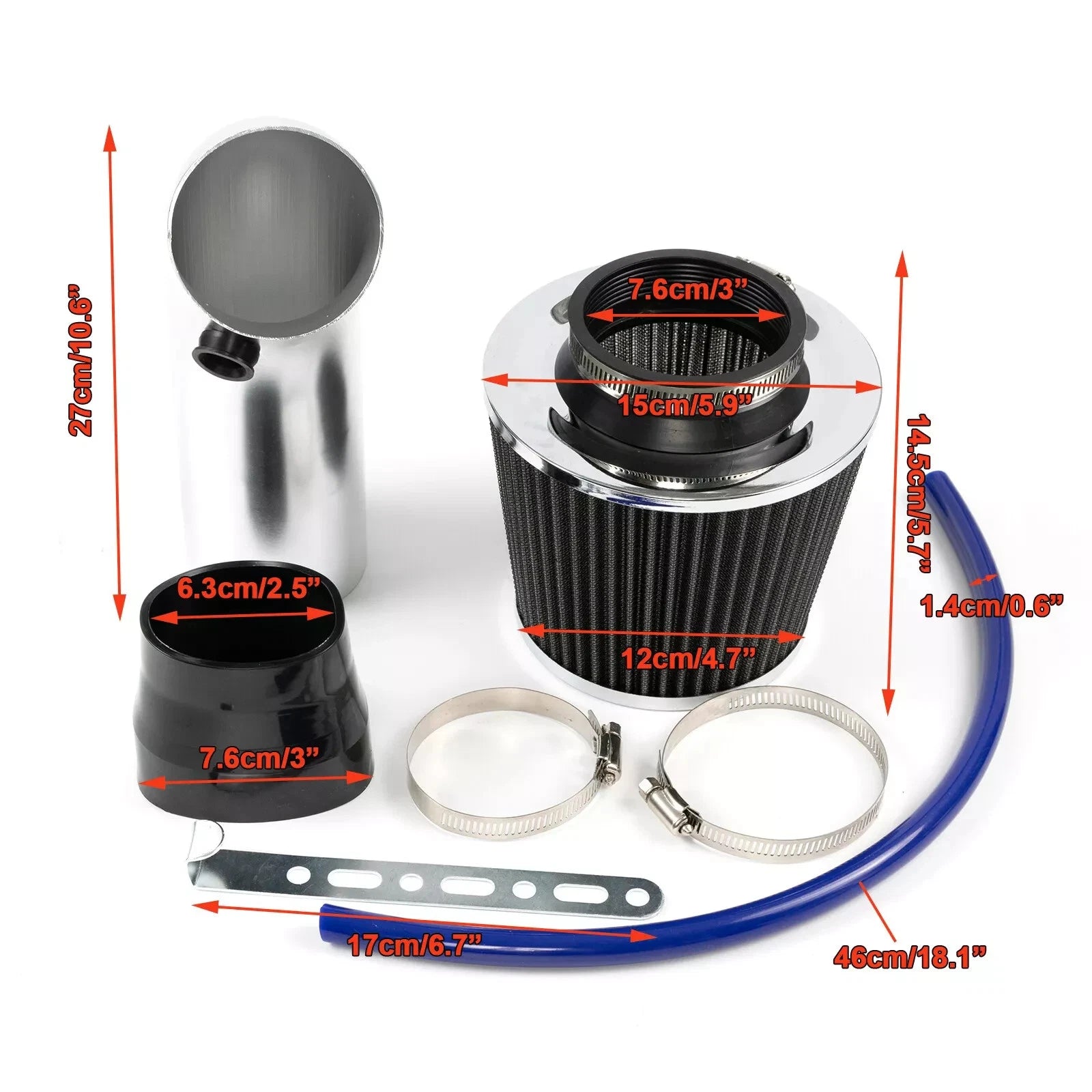 Universal 3 inch 76mm Aluminum Cold Air Intake Pipe + HIGH FLOW POD FILTER KIT