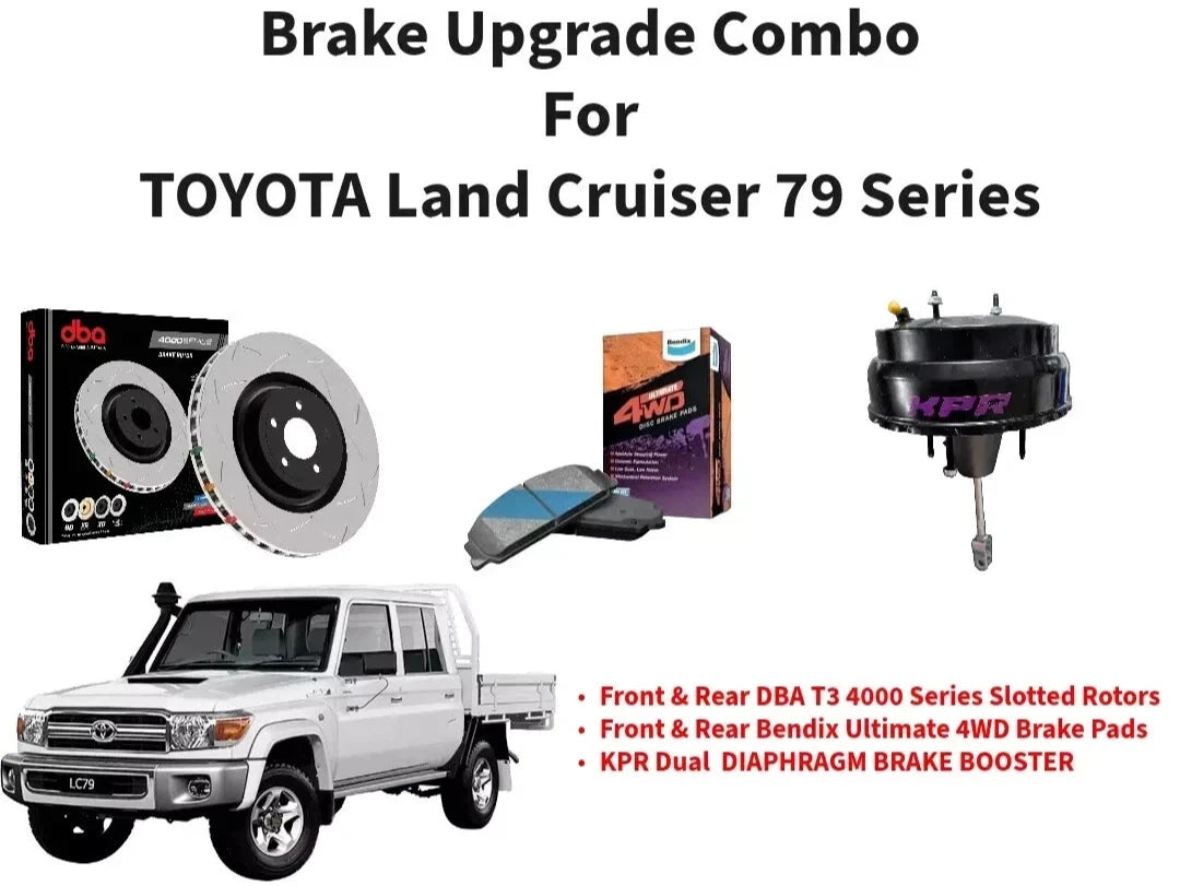 FRONT + REAR - DBA /BENDIX /KPR BRAKE BOOSTER ROTOR PADS KIT FITS TOYOTA LandCruiser 79 Series-VDJ79R - J70 LC76 LC78 LC79